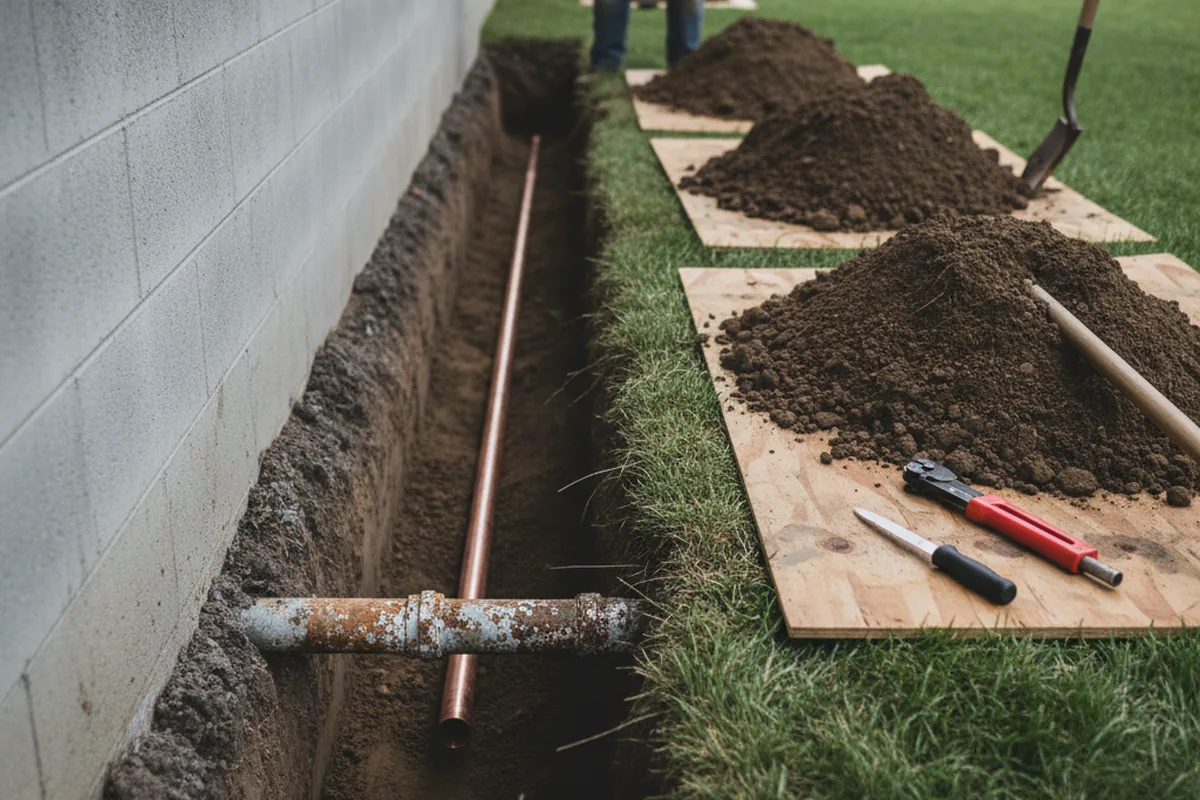 Excavated water line trench during Water Heater Repair in Mount Pleasant